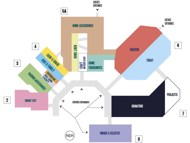 メゾン・エ・オブジェ会場のマップ。中央の外広場を軸に、放射状・半円状にホールが配置されている。